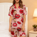 Custom Face Short Sleeve Pajama with Red Lips Prints Valentine's Day Gift for Her - DiyGiftly