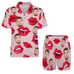 Custom Face Short Sleeve Pajama with Red Lips Prints Valentine's Day Gift for Her - DiyGiftly