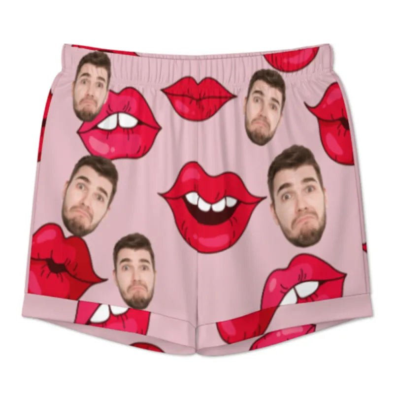 Custom Face Short Sleeve Pajama with Red Lips Prints Valentine's Day Gift for Her - DiyGiftly