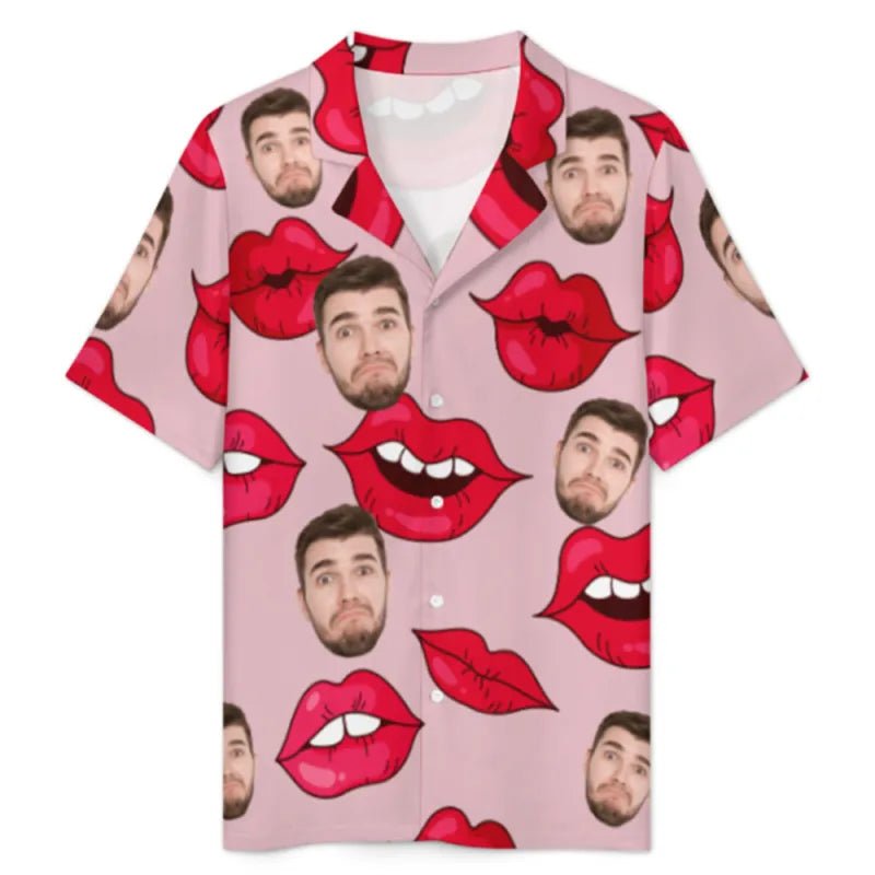 Custom Face Short Sleeve Pajama with Red Lips Prints Valentine's Day Gift for Her - DiyGiftly