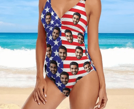 Custom Face Swimsuit, Personalized American Flag Design Suits, Photo Swimwear Bikini, Independence Day Face Swimsuit Party Gift for Women 883968 - DiyGiftly
