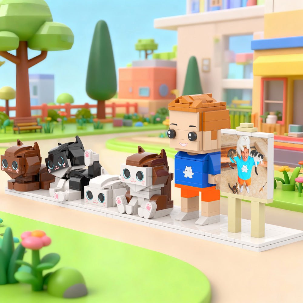 Custom Full - Body Brick Figures of 1 Person and 4 Cats with Frame Personalized Anniversary Gift Birthday Gift - DiyGiftly