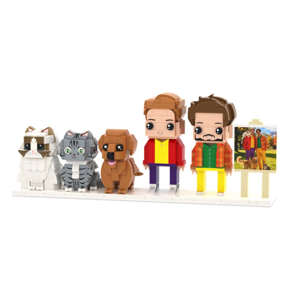 Custom Full - Body Brick Figures of 2 People, 1 Dog & 2 Cats with Frame Anniversary Gift Birthday Gift Christmas Gift for Pet Lover - DiyGiftly