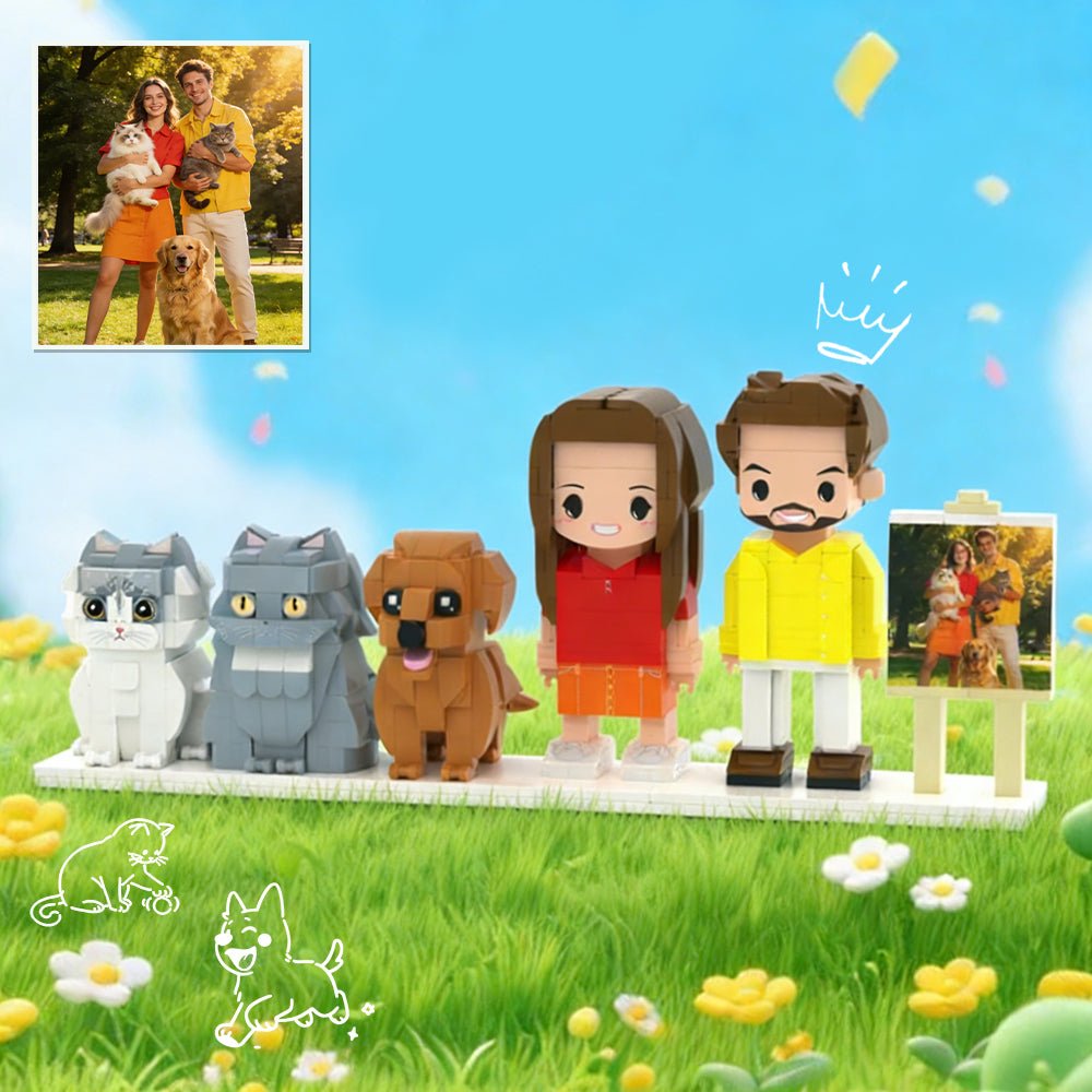 Custom Full - Body Brick Figures of 2 People, 1 Dog & 2 Cats with Frame Anniversary Gift Birthday Gift Christmas Gift for Pet Lover - DiyGiftly