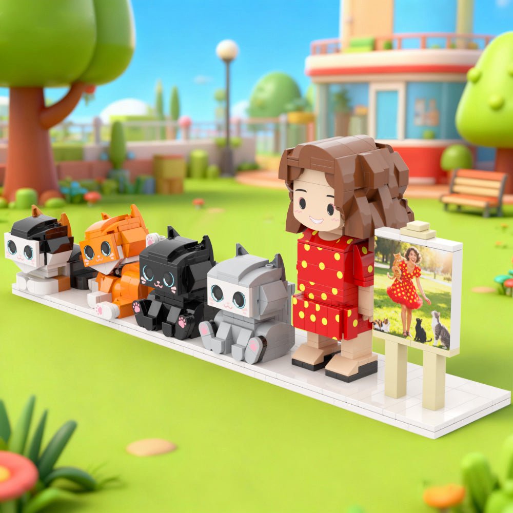 Custom Full - Body Cute Brick Figures of 1 Person and 4 Cats with Frame Personalized Anniversary Gift Birthday Gift - DiyGiftly