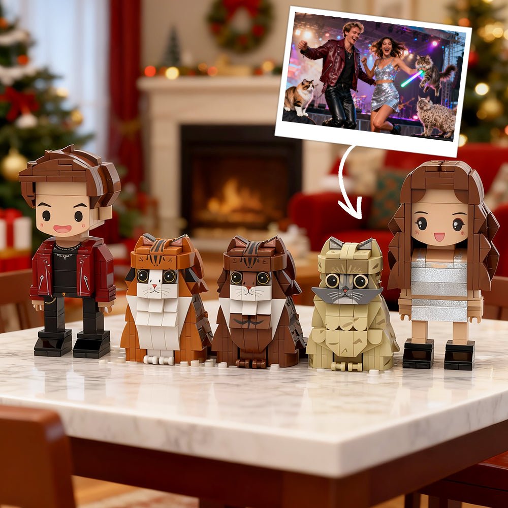 Custom Full - Body Cute Brick Figures of 2 People and 3 Cats Personalized Anniversary Gift Birthday Gift Christmas Gift - DiyGiftly