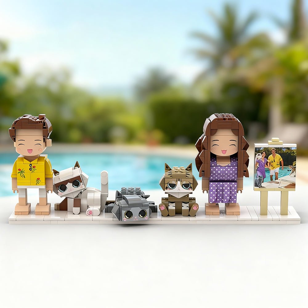 Custom Full - Body Cute Brick Figures of 2 People and 3 Cats with Frame Personalized Anniversary Gift Birthday Gift Christmas Gift - DiyGiftly