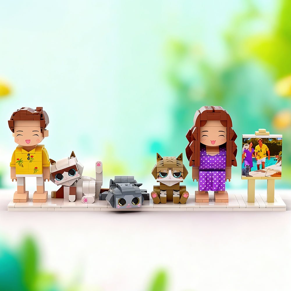 Custom Full - Body Cute Brick Figures of 2 People and 3 Cats with Frame Personalized Anniversary Gift Birthday Gift Christmas Gift - DiyGiftly