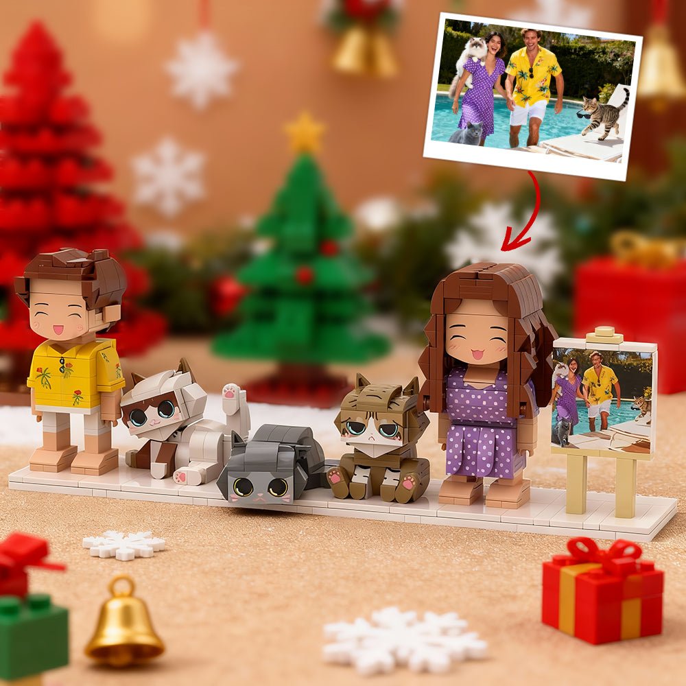 Custom Full - Body Cute Brick Figures of 2 People and 3 Cats with Frame Personalized Anniversary Gift Birthday Gift Christmas Gift - DiyGiftly