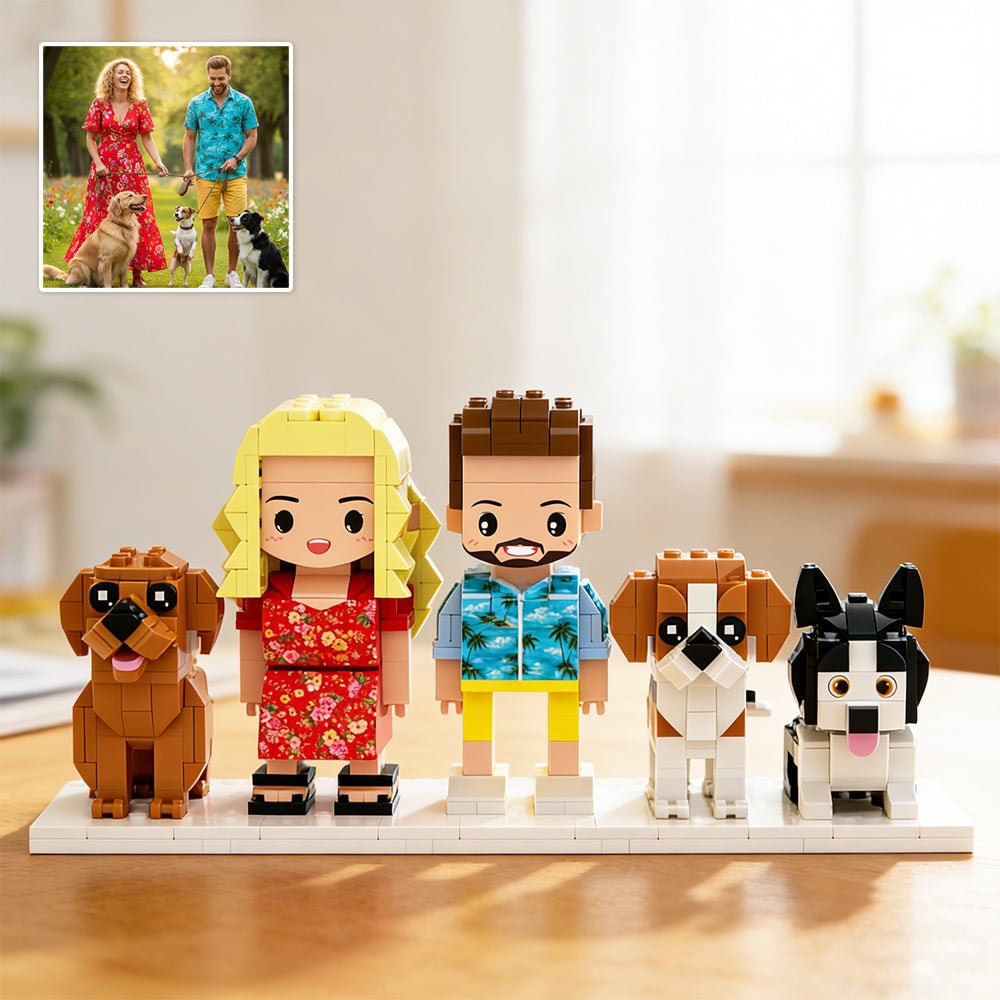 Custom Full - Body Cute Brick Figures of 2 People and 3 Dogs Personalized Birthday Gift Anniversary Gift - DiyGiftly