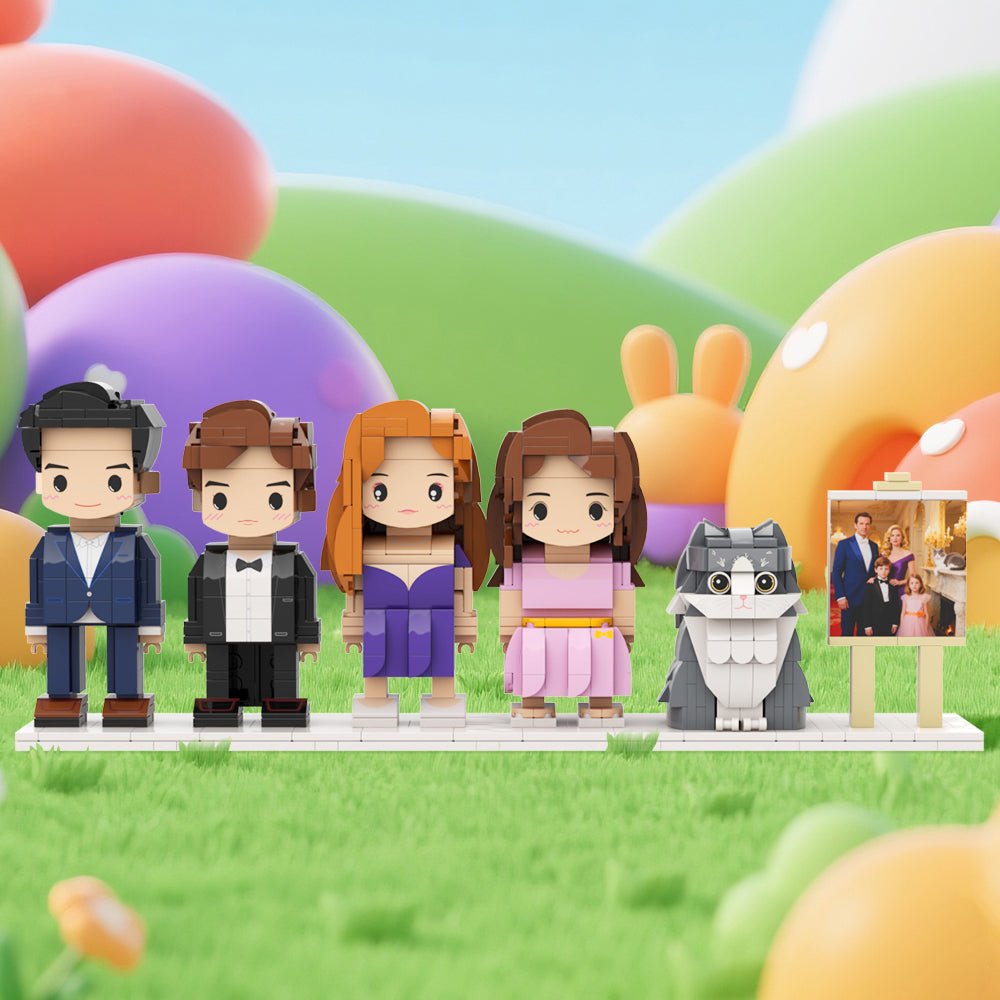 Custom Full - Body Cute Brick Figures of 4 People and 1 Cat with Frame Personalized Anniversary Gift Birthday Gift - DiyGiftly