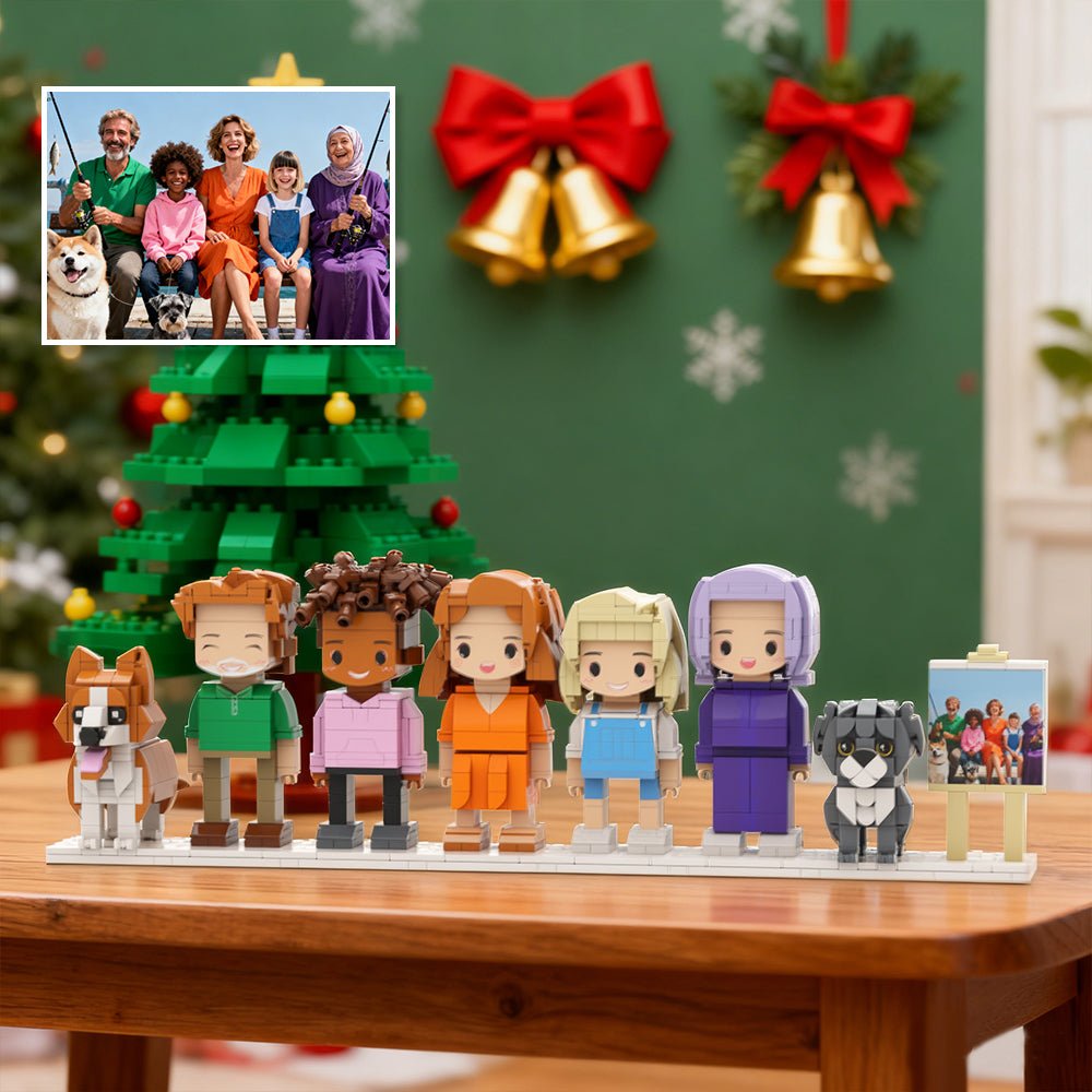 Custom Full - Body Cute Brick Figures of 5 People and 2 Dogs with Frame Personalized Anniversary Gift Birthday Gift Christmas Gift - DiyGiftly