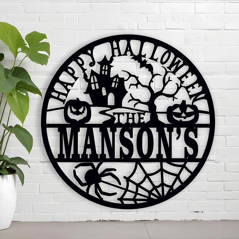 Custom Halloween Themed Last Name Metal Sign – Personalized Family Name Plaque with Pumpkin, Bat & Spider for Porch, Yard, or Haunted House 4861824 - DiyGiftly