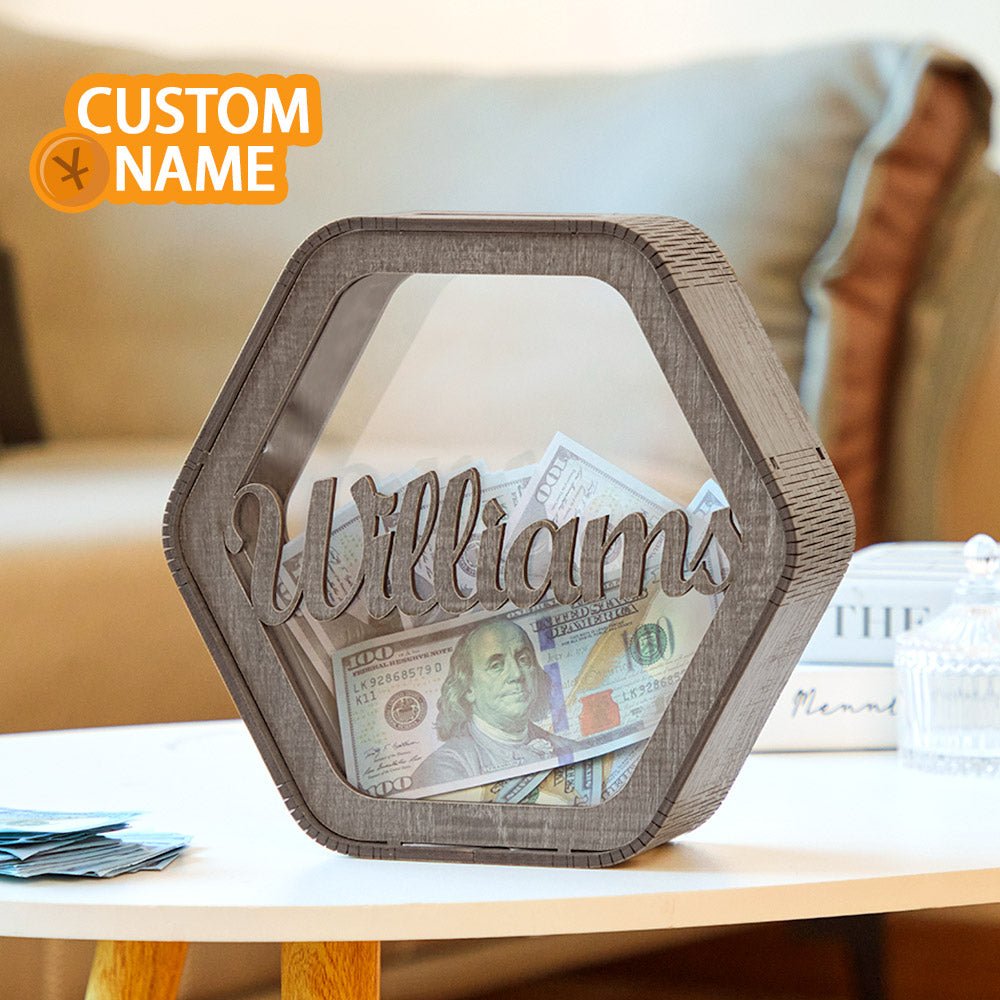 Custom Hexagonal Wood Piggy Bank with Name - DiyGiftly