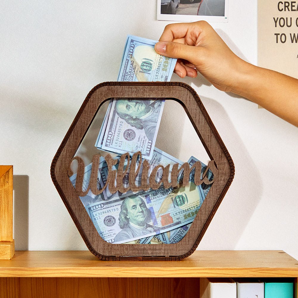 Custom Hexagonal Wood Piggy Bank with Name - DiyGiftly