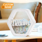 Custom Hexagonal Wood Piggy Bank with Name - DiyGiftly