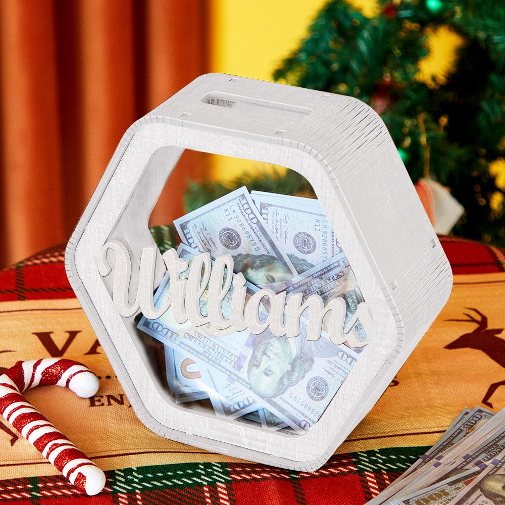Custom Hexagonal Wood Piggy Bank with Name - DiyGiftly