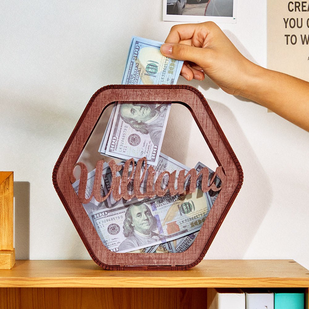 Custom Hexagonal Wood Piggy Bank with Name - DiyGiftly