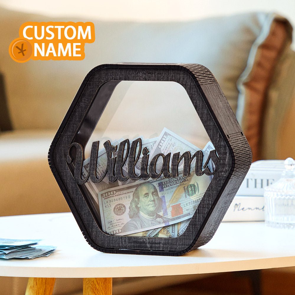 Custom Hexagonal Wood Piggy Bank with Name - DiyGiftly