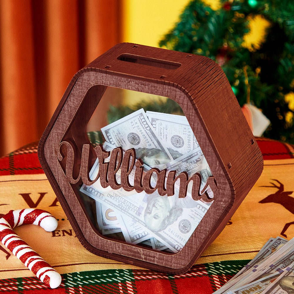 Custom Hexagonal Wood Piggy Bank with Name - DiyGiftly