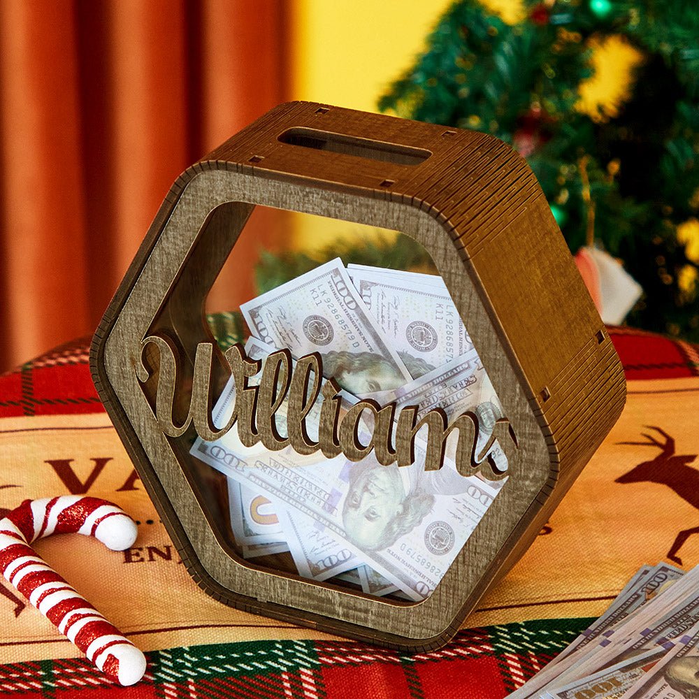 Custom Hexagonal Wood Piggy Bank with Name - DiyGiftly