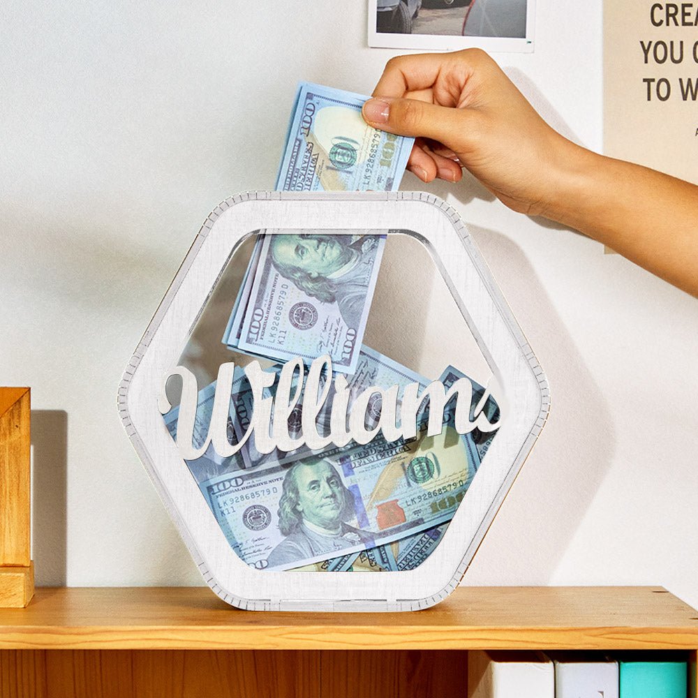 Custom Hexagonal Wood Piggy Bank with Name - DiyGiftly