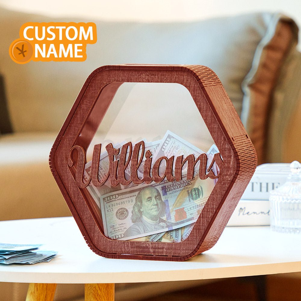 Custom Hexagonal Wood Piggy Bank with Name - DiyGiftly