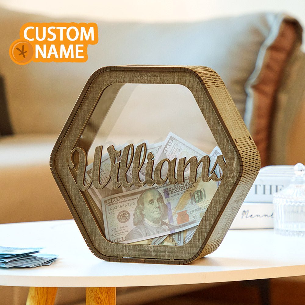 Custom Hexagonal Wood Piggy Bank with Name - DiyGiftly