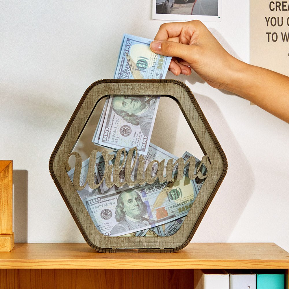 Custom Hexagonal Wood Piggy Bank with Name - DiyGiftly
