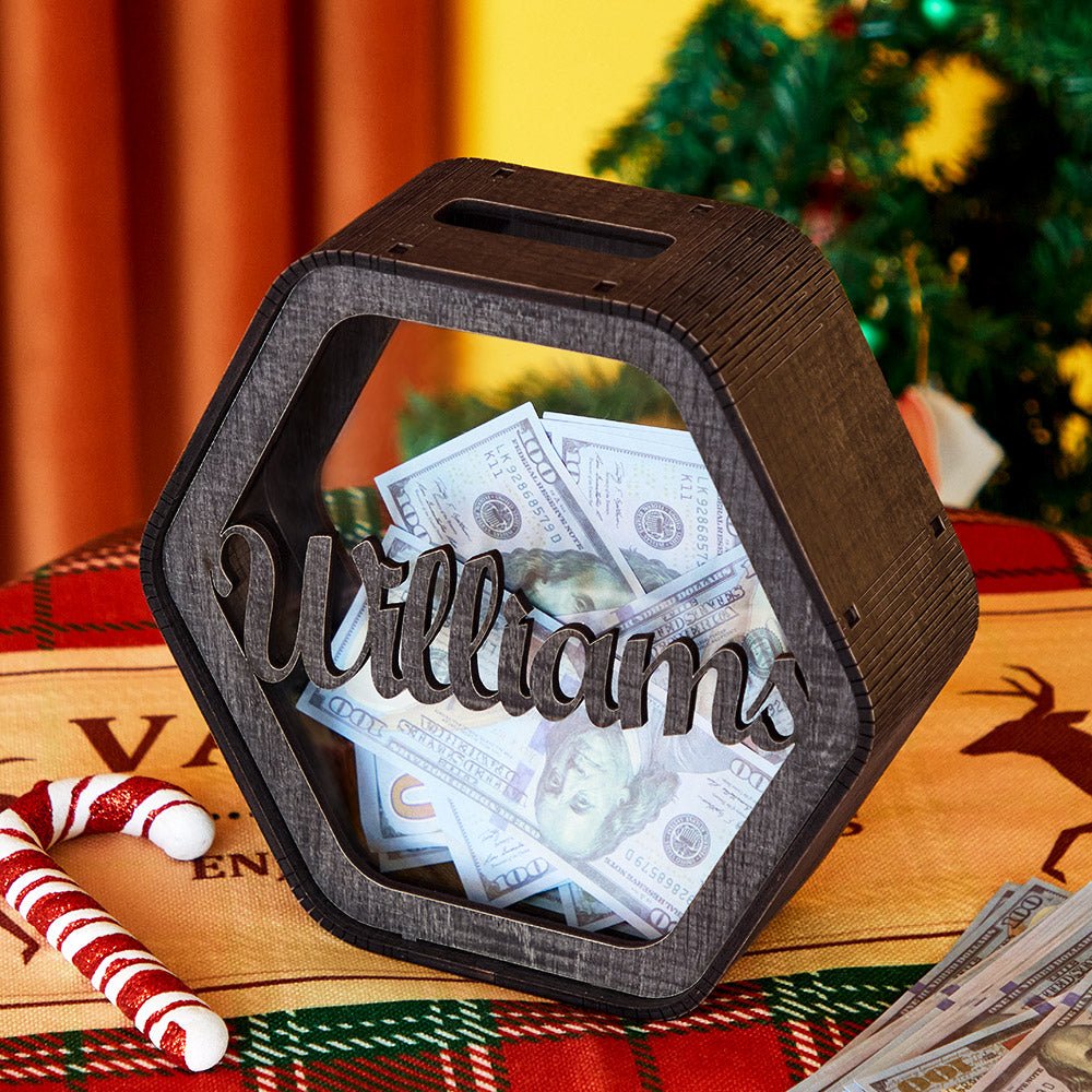 Custom Hexagonal Wood Piggy Bank with Name - DiyGiftly