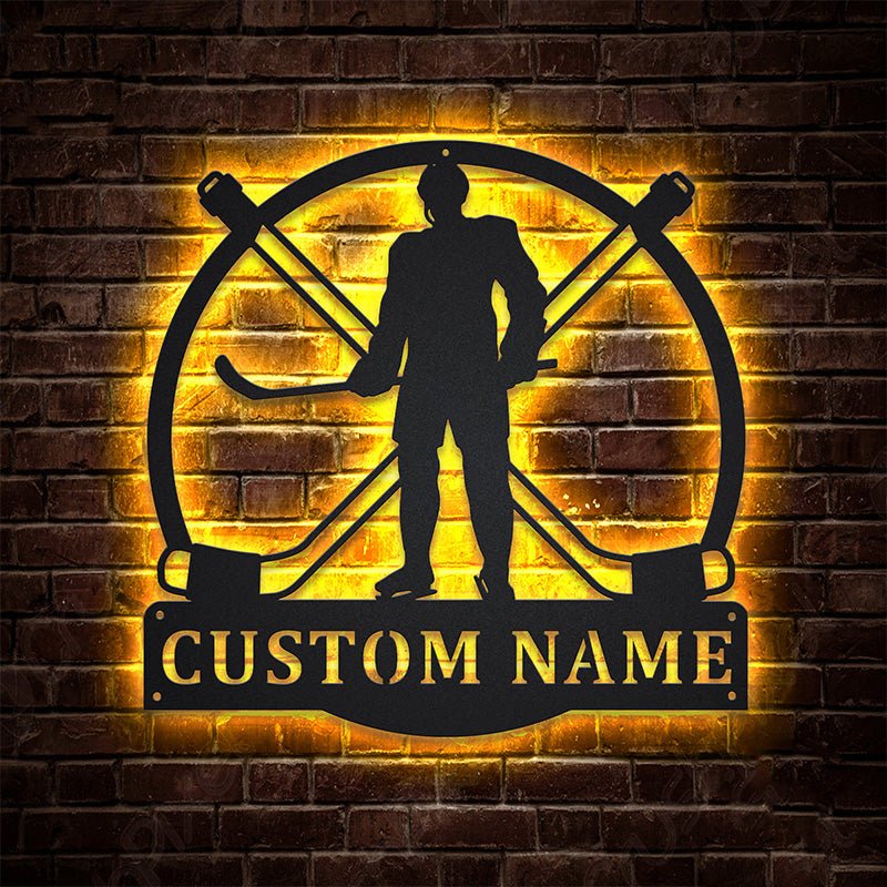 Custom Hockey Player Metal Wall Art with LED Lights – Personalized Name Sports Sign, Teen Boy Bedroom Decor, Man Cave Wall Hanging, Athlete Team Gift, Coach Present, Hockey Fan Room Decoration 37077760 - DiyGiftly