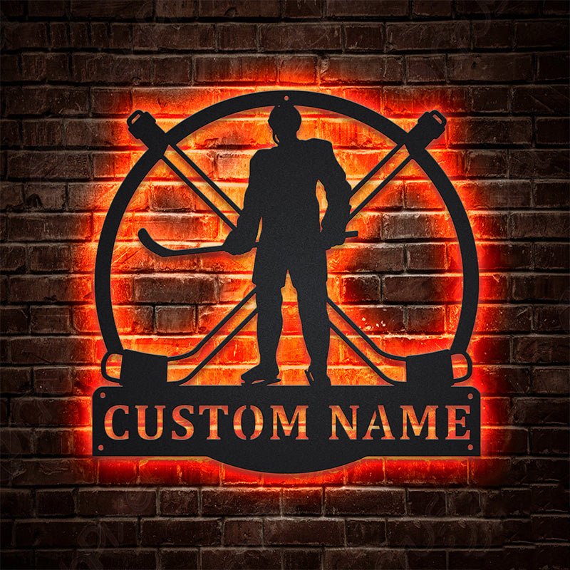 Custom Hockey Player Metal Wall Art with LED Lights – Personalized Name Sports Sign, Teen Boy Bedroom Decor, Man Cave Wall Hanging, Athlete Team Gift, Coach Present, Hockey Fan Room Decoration 37077760 - DiyGiftly
