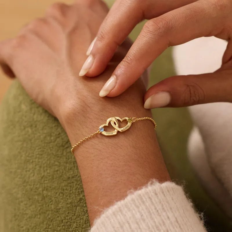 Custom Interlocking Heart Name Bracelet Birthstone Engraved Names Personalized Double Heart Bracelet for Couples Valentines Gift - DiyGiftly