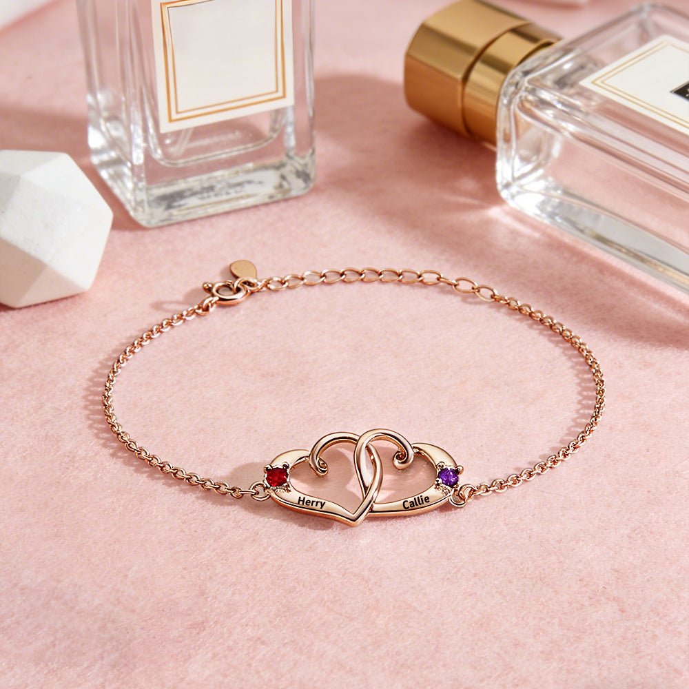 Custom Interlocking Heart Name Bracelet Birthstone Engraved Names Personalized Double Heart Bracelet for Couples Valentines Gift - DiyGiftly