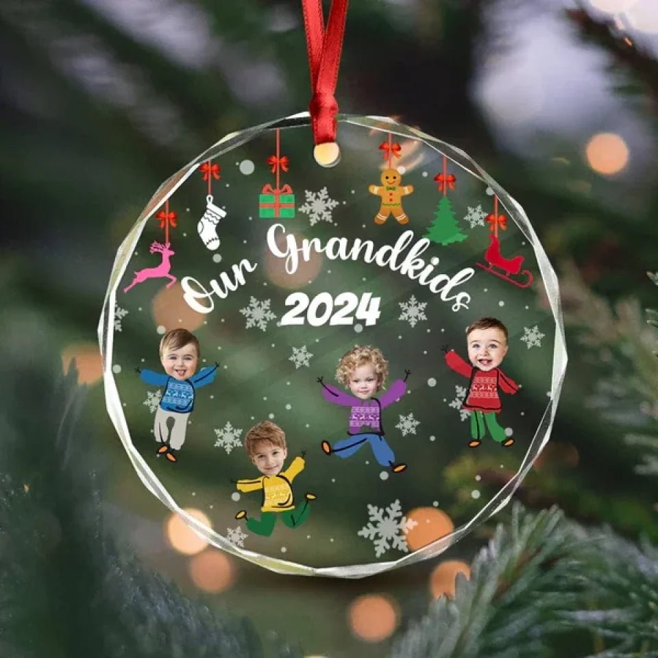 Custom Kid Face Family Our Grandkids Christmas Gift For Grandma Grandpa Mom Dad Glass Circle Ornament 692028 - DiyGiftly