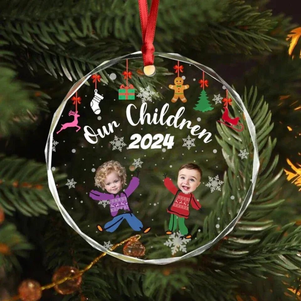 Custom Kid Face Family Our Grandkids Christmas Gift For Grandma Grandpa Mom Dad Glass Circle Ornament 692028 - DiyGiftly