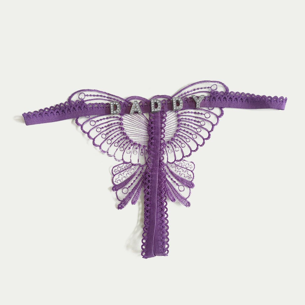 Custom Lace Hollow Butterfly Sexy Low Waist Pantie with jewelry Crystal Letter Name Open Cut Thong Women's Underwear Valentines Gift - DiyGiftly