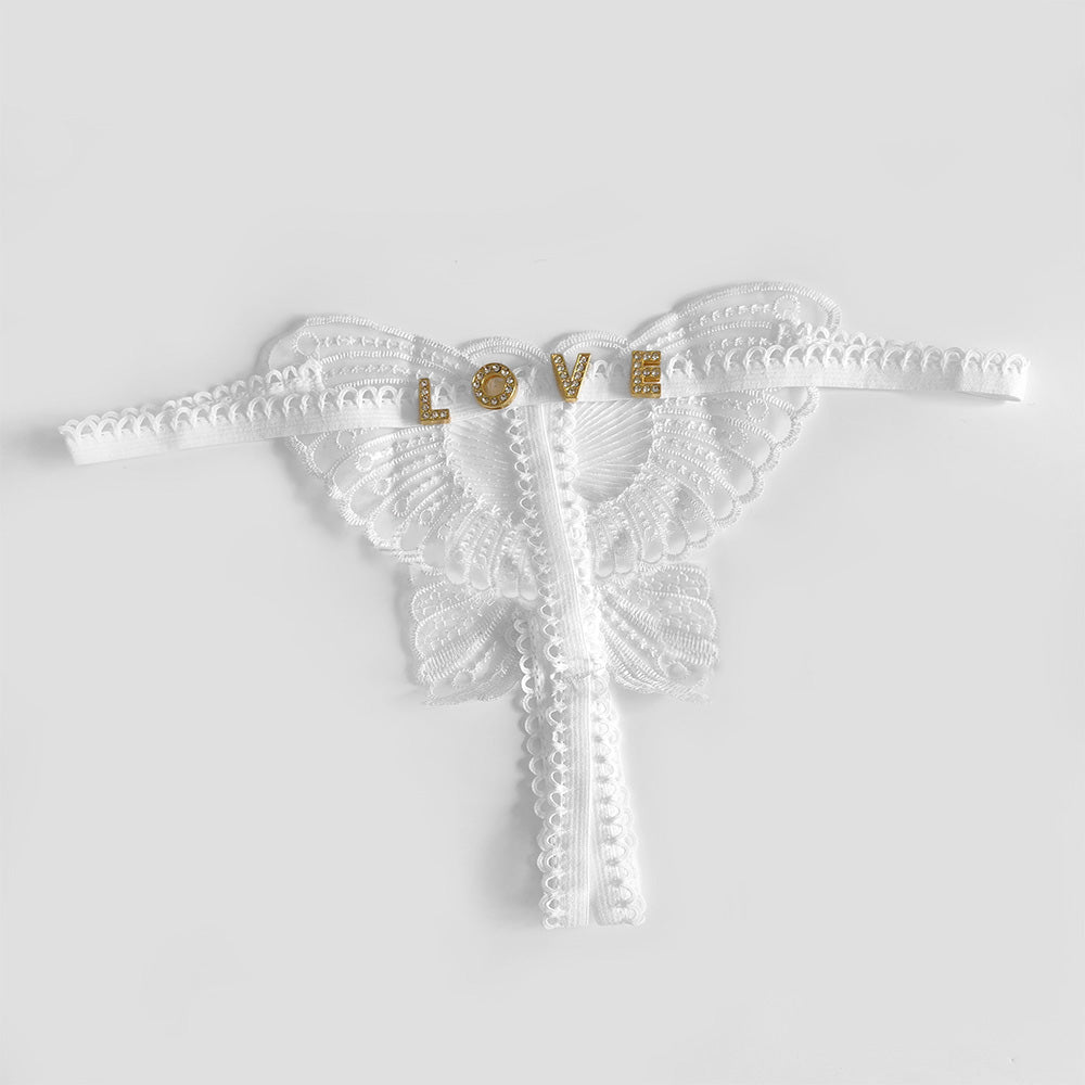 Custom Lace Hollow Butterfly Sexy Low Waist Pantie with jewelry Crystal Letter Name Open Cut Thong Women's Underwear Valentines Gift - DiyGiftly