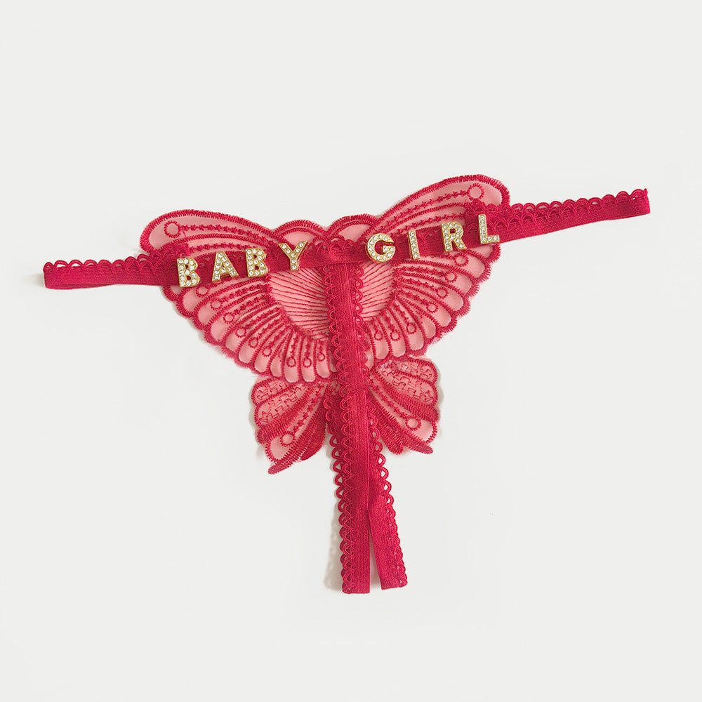 Custom Lace Hollow Butterfly Sexy Low Waist Pantie with jewelry Crystal Letter Name Open Cut Thong Women's Underwear Valentines Gift - DiyGiftly
