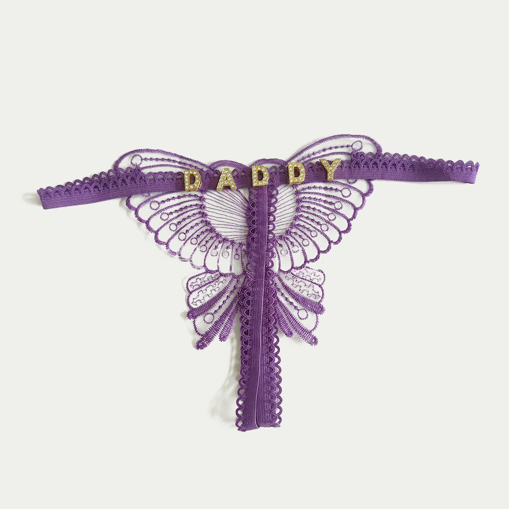 Custom Lace Hollow Butterfly Sexy Low Waist Pantie with jewelry Crystal Letter Name Open Cut Thong Women's Underwear Valentines Gift - DiyGiftly