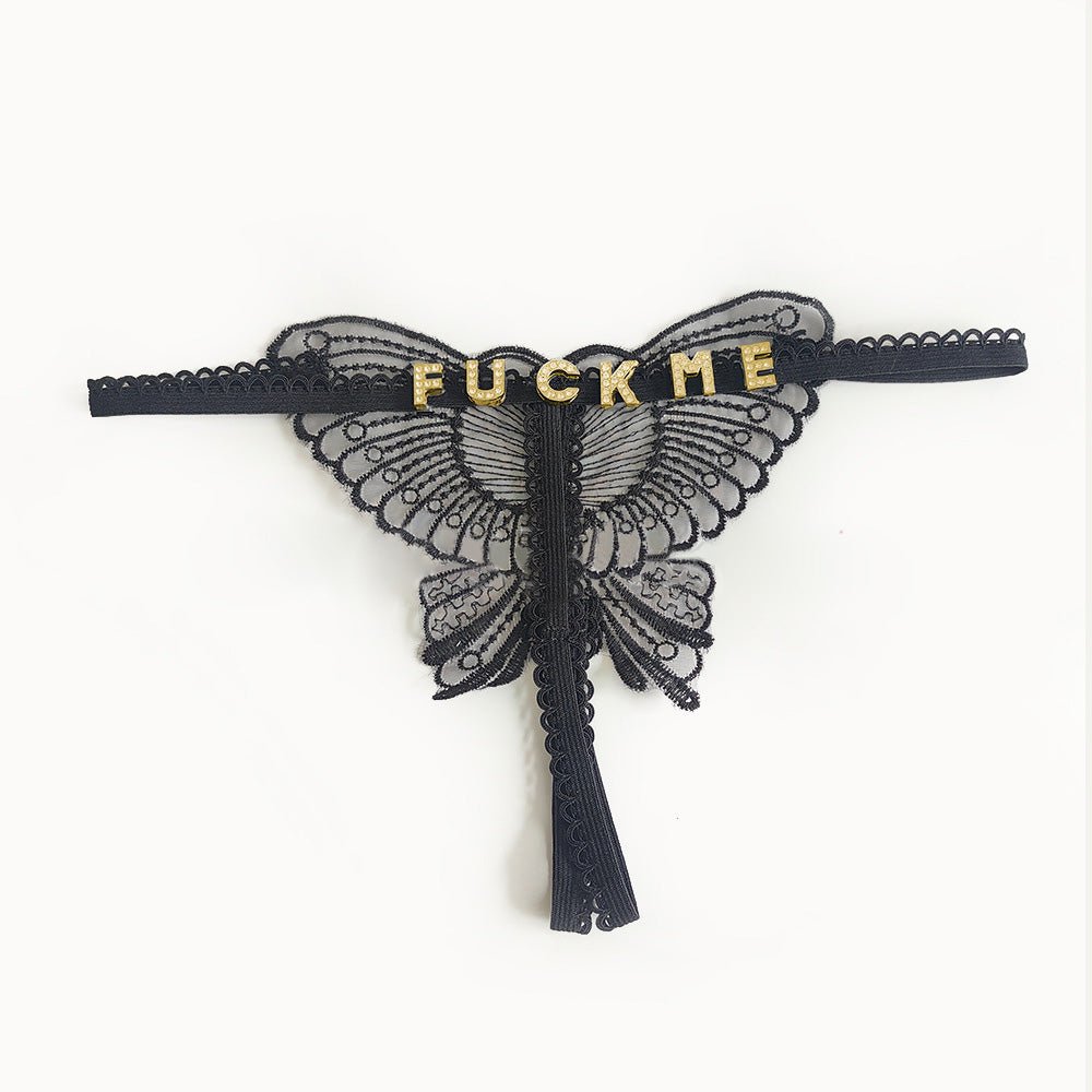 Custom Lace Hollow Butterfly Sexy Low Waist Pantie with jewelry Crystal Letter Name Open Cut Thong Women's Underwear Valentines Gift - DiyGiftly