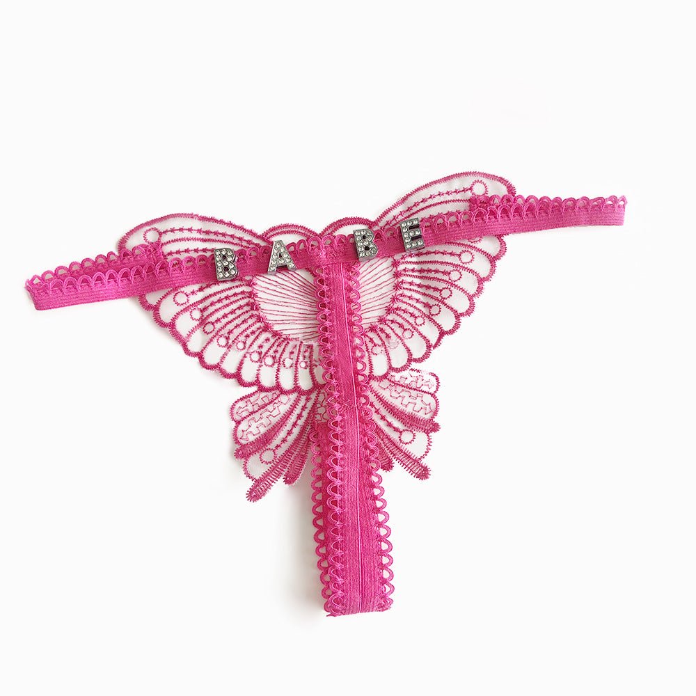 Custom Lace Hollow Butterfly Sexy Low Waist Pantie with jewelry Crystal Letter Name Open Cut Thong Women's Underwear Valentines Gift - DiyGiftly