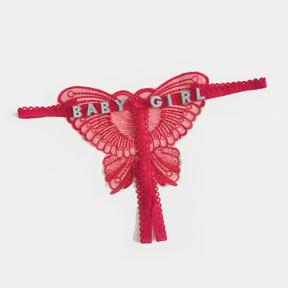 Custom Lace Hollow Butterfly Sexy Low Waist Pantie with jewelry Crystal Letter Name Open Cut Thong Women's Underwear Valentines Gift - DiyGiftly