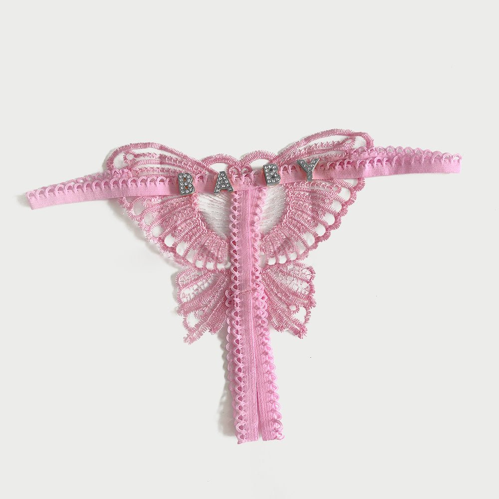 Custom Lace Hollow Butterfly Sexy Low Waist Pantie with jewelry Crystal Letter Name Open Cut Thong Women's Underwear Valentines Gift - DiyGiftly