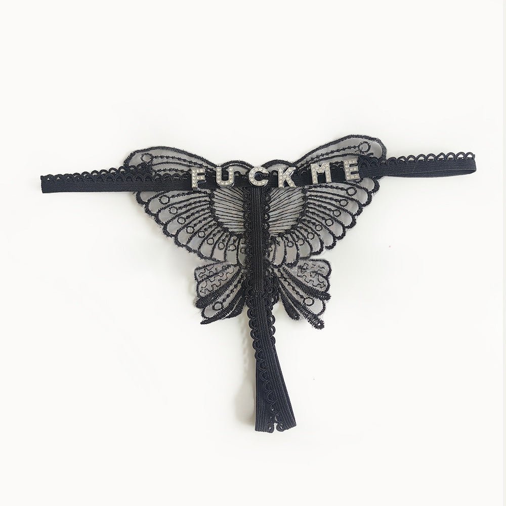 Custom Lace Hollow Butterfly Sexy Low Waist Pantie with jewelry Crystal Letter Name Open Cut Thong Women's Underwear Valentines Gift - DiyGiftly