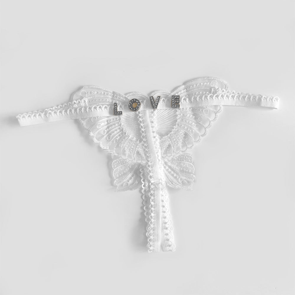 Custom Lace Hollow Butterfly Sexy Low Waist Pantie with jewelry Crystal Letter Name Open Cut Thong Women's Underwear Valentines Gift - DiyGiftly