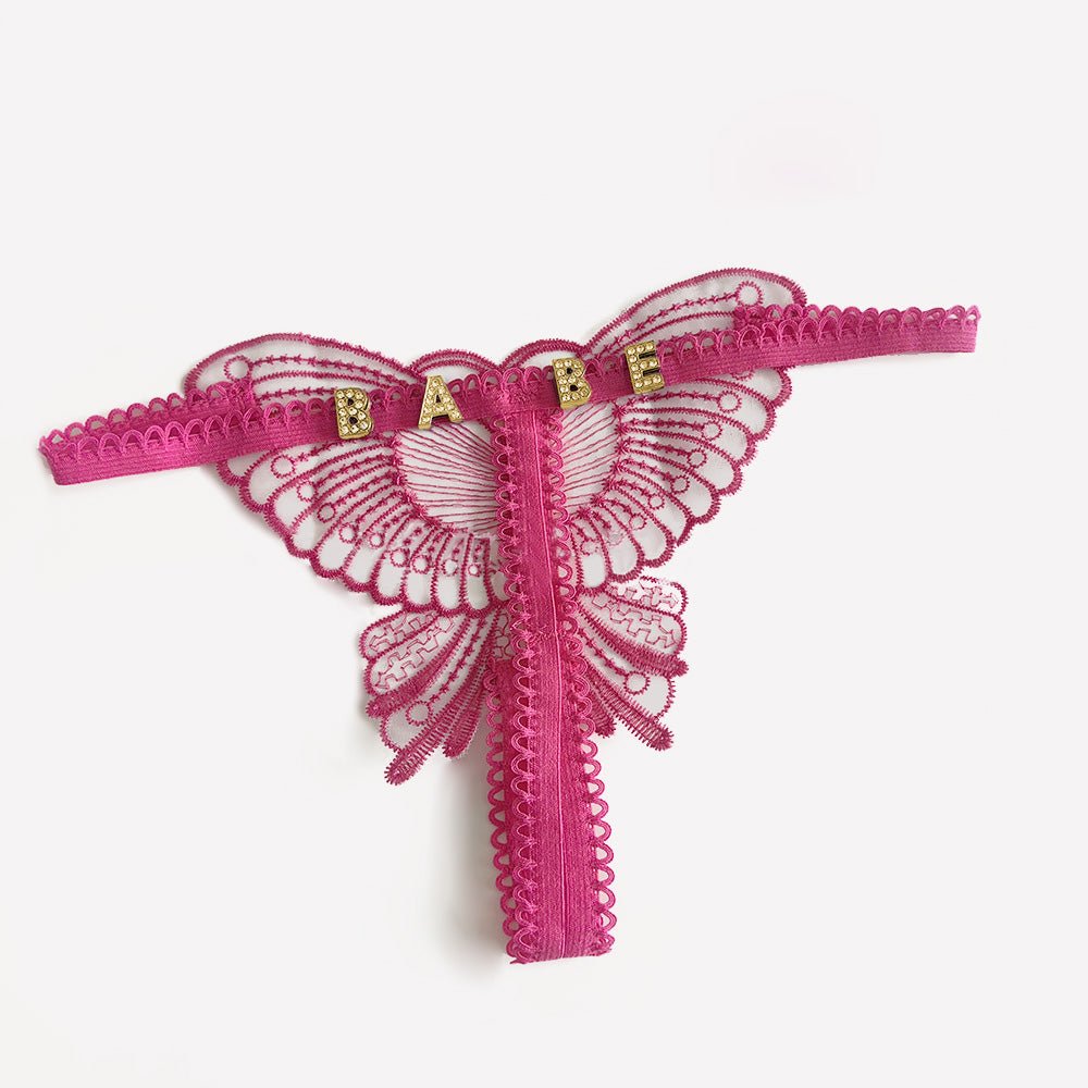 Custom Lace Hollow Butterfly Sexy Low Waist Pantie with jewelry Crystal Letter Name Open Cut Thong Women's Underwear Valentines Gift - DiyGiftly