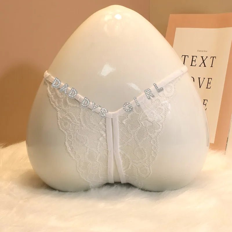 Custom Lace Sexy Panty with jewelry Crystal Letter Name Open Cut Thong Underpants Women's Underwear Valentines Gift - DiyGiftly