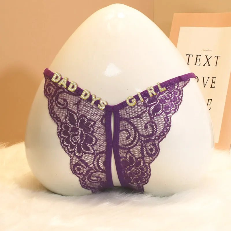 Custom Lace Sexy Panty with jewelry Crystal Letter Name Open Cut Thong Underpants Women's Underwear Valentines Gift - DiyGiftly