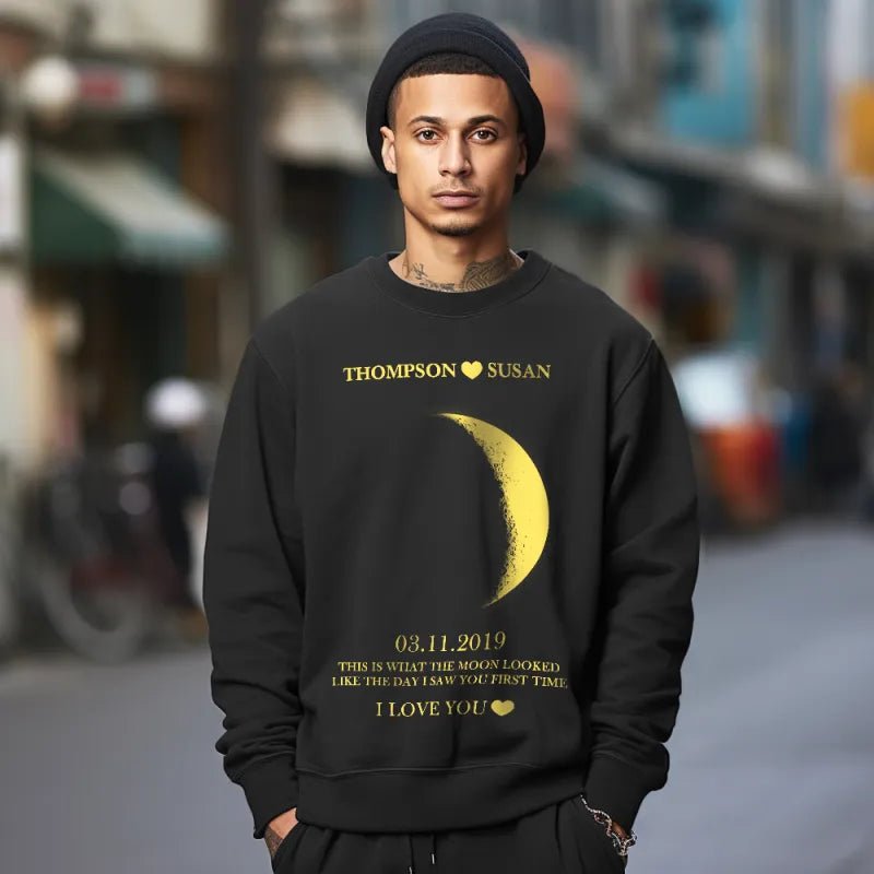 Sweatshirt Custom Names Unisex Apparel Personalized Moon Phase Crewneck 1st Year Anniversary Gift for Couple